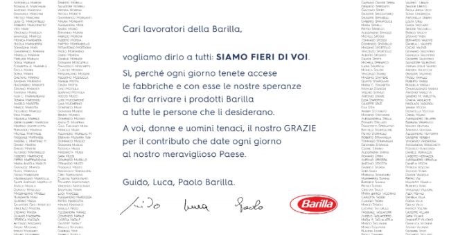 “Grati per la vostra tenacia”| Barilla cita tutti i dipendenti